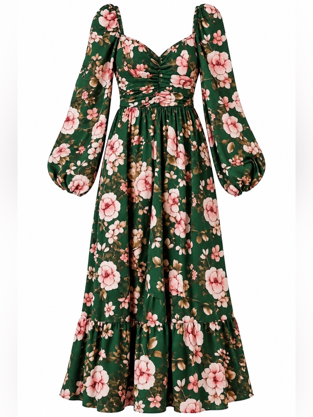 Green Floral Maxi Dress with Long Puff Sleeves